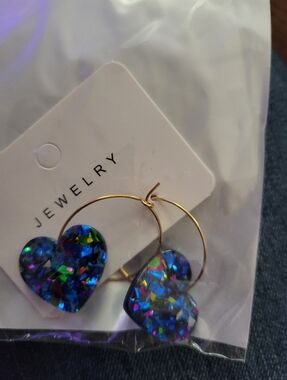 Beautiful Blue Multicolor Heart Gold Hoop Earrings- NEW
